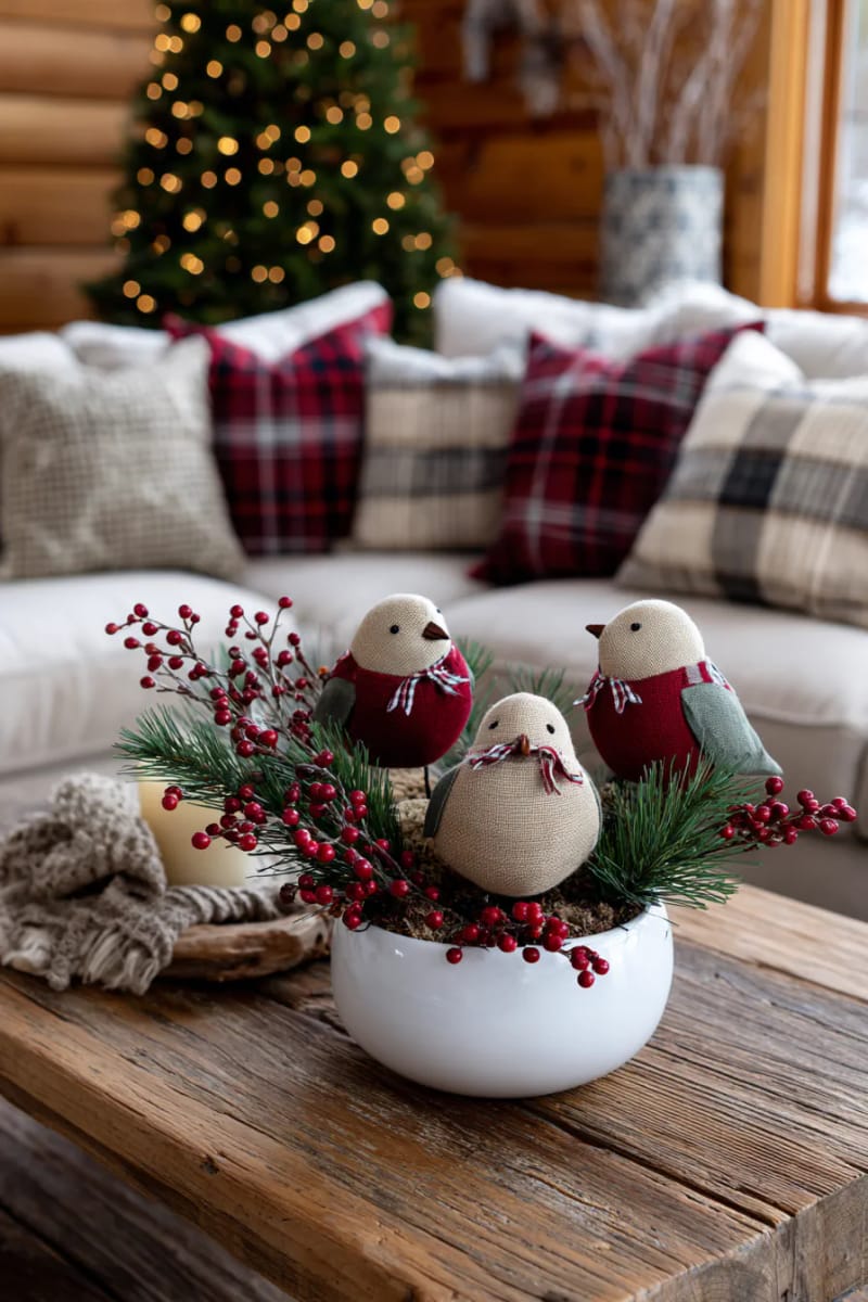 burlap bird ornaments with felt wings and checked ribbon scarves 1