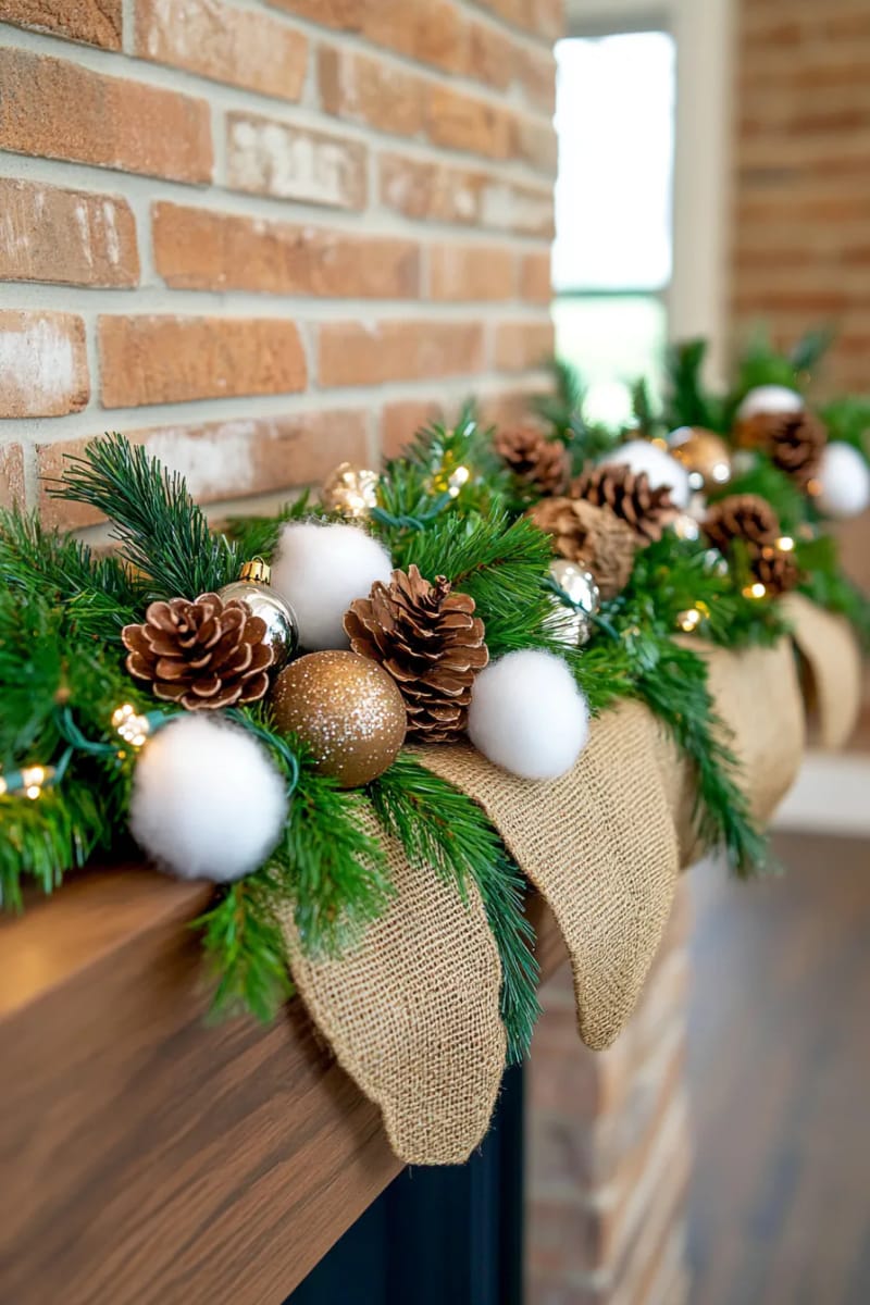 burlap garland draped with fairy lights and cotton ball “snow” 1