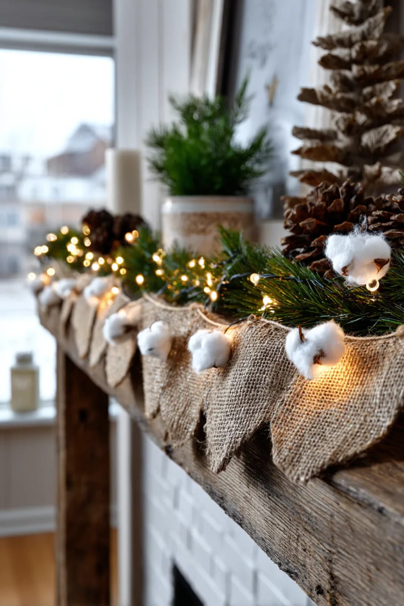 burlap garland draped with fairy lights and cotton ball “snow” 1