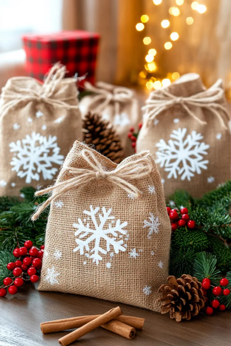 burlap gift bags with hand-painted snowflakes and jute drawstrings 1