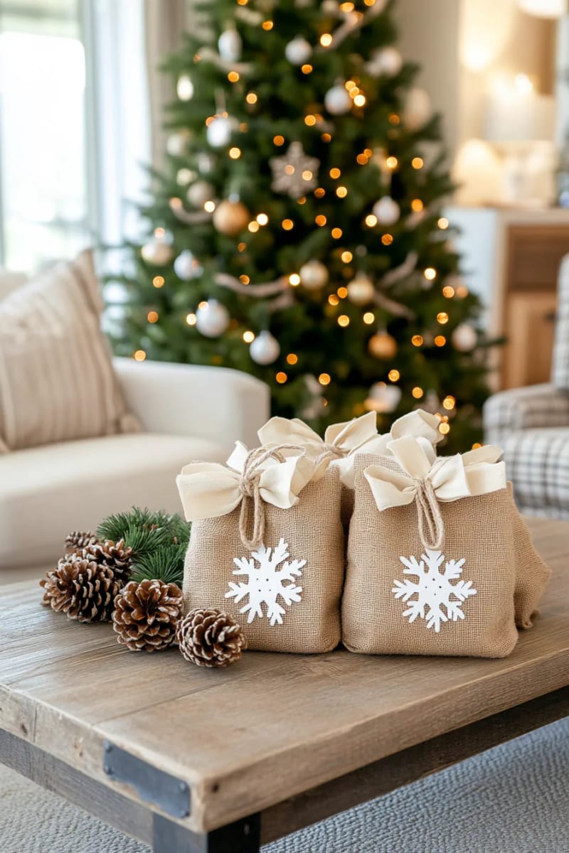 burlap gift bags with hand-painted snowflakes and jute drawstrings 1