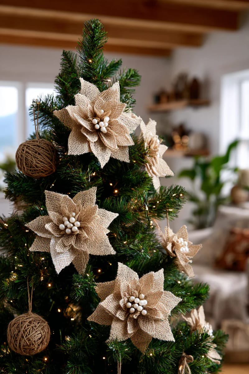burlap poinsettia flowers with pearl centers for rustic christmas tree accents 1
