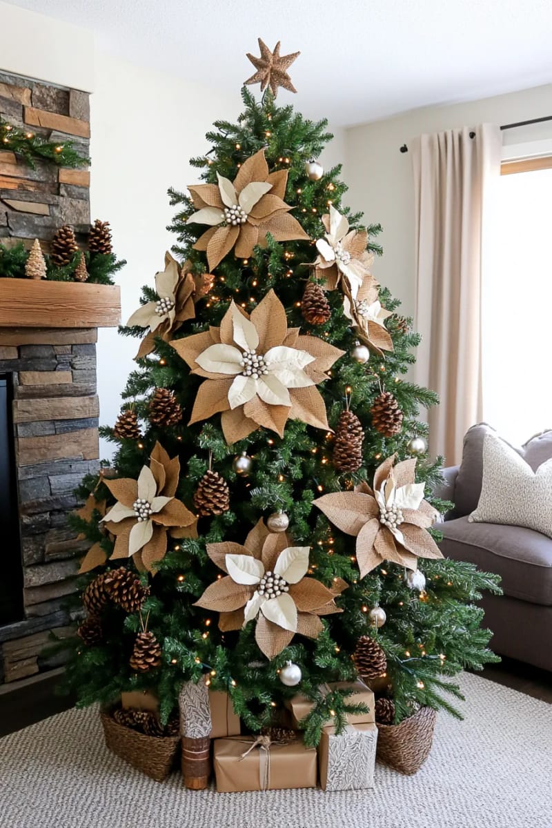 burlap poinsettia flowers with pearl centers for rustic christmas tree accents 1