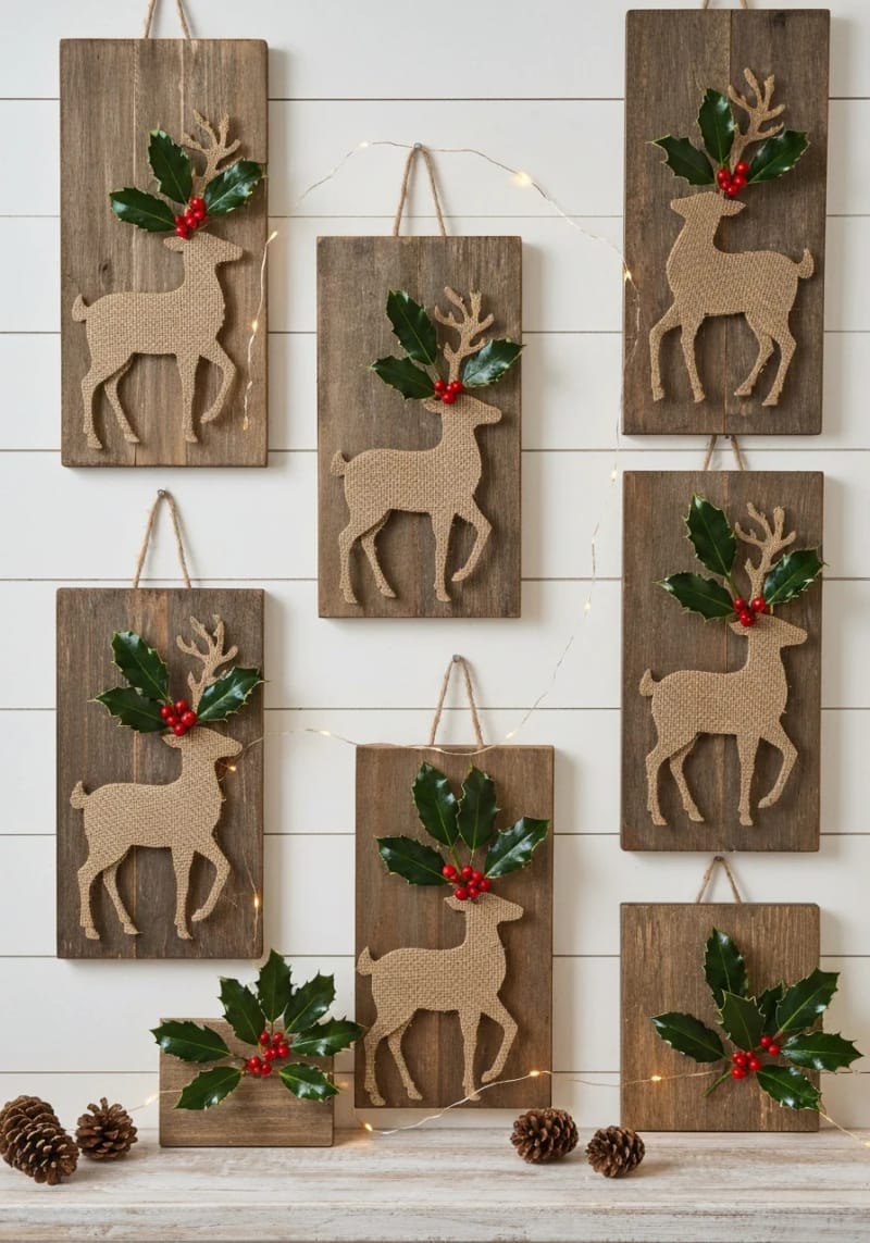 burlap reindeer silhouettes on wooden plaques with holly embellishments 1