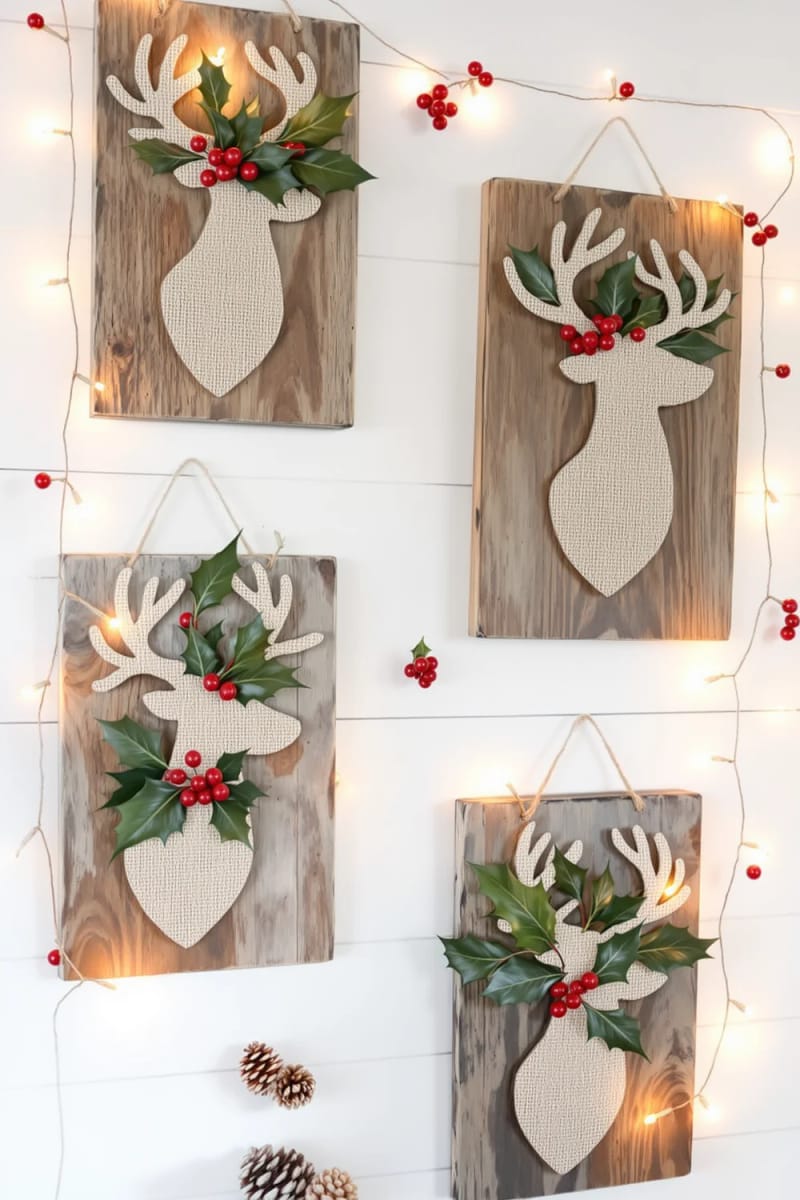 burlap reindeer silhouettes on wooden plaques with holly embellishments 1