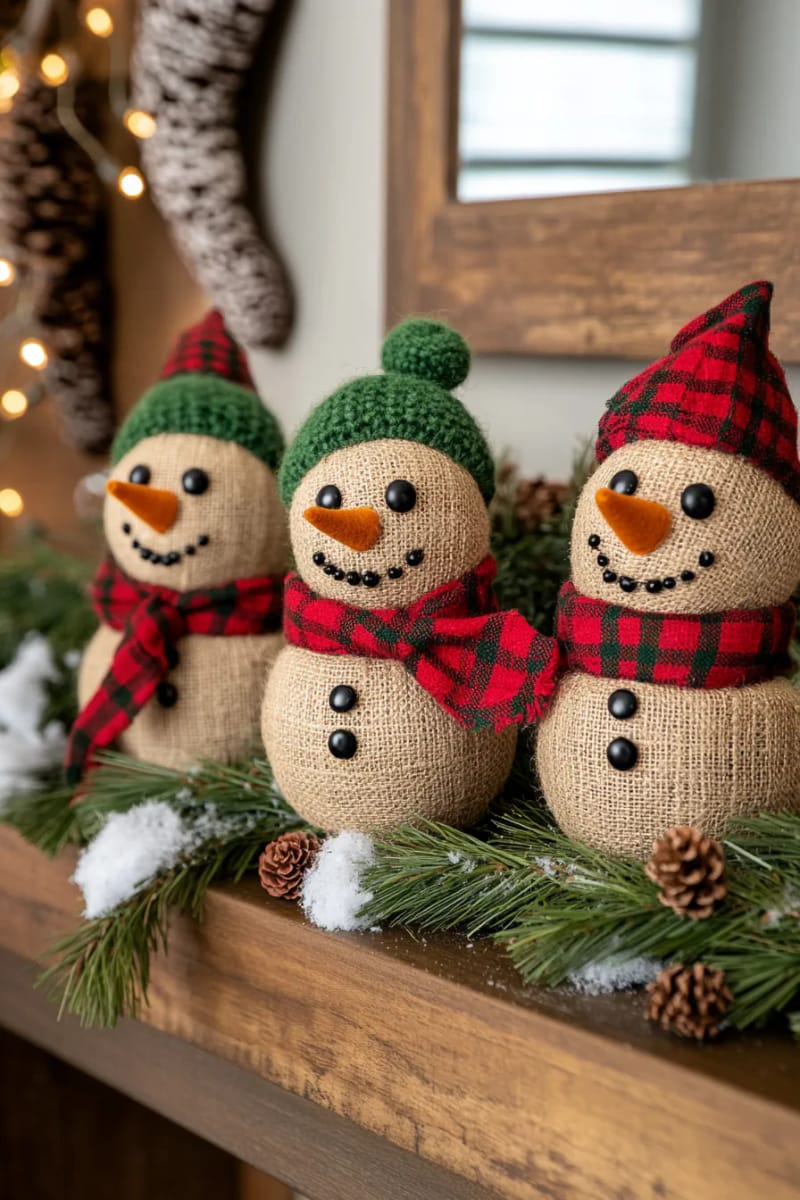 burlap snowman trio with button eyes and plaid scarves 1