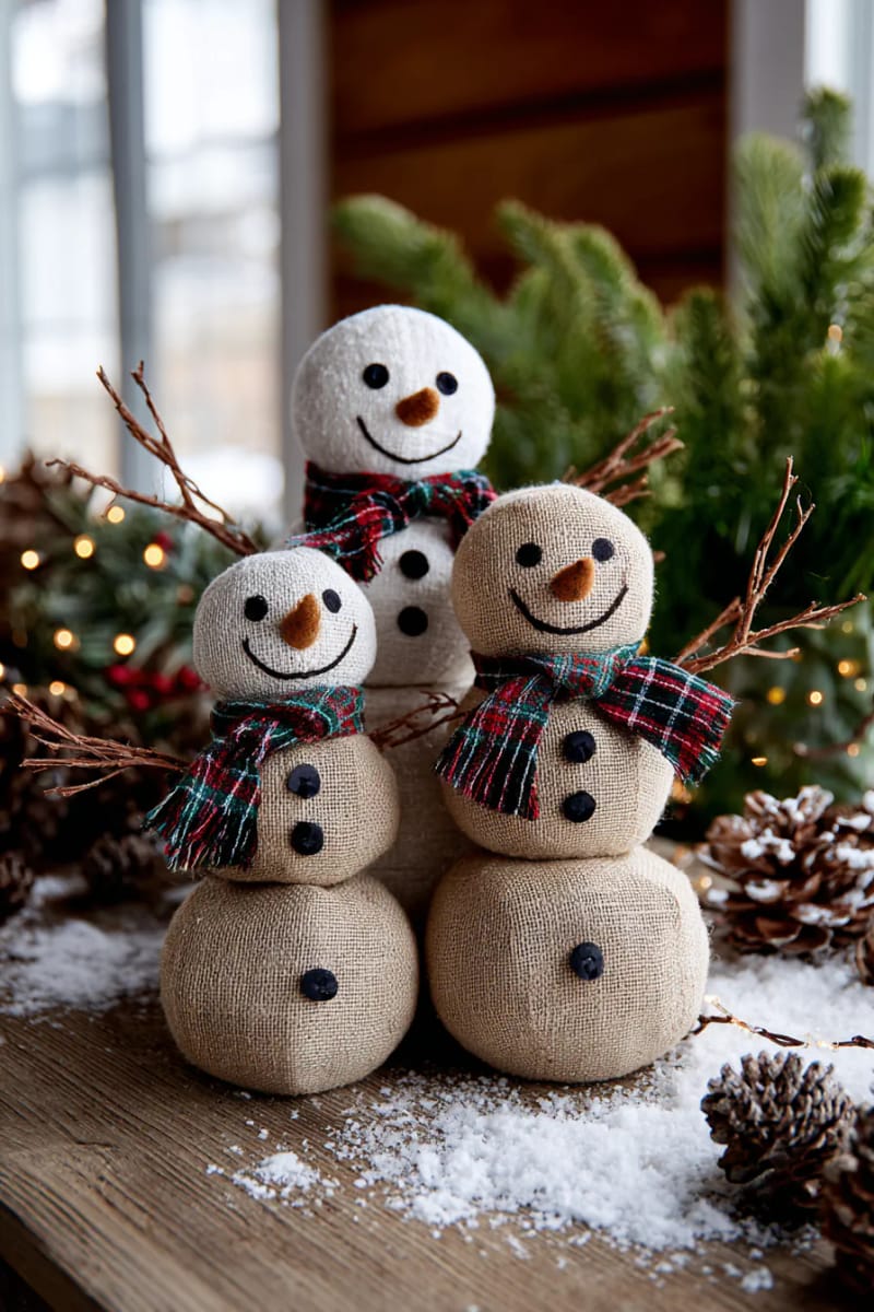 burlap snowman trio with button eyes and plaid scarves 1