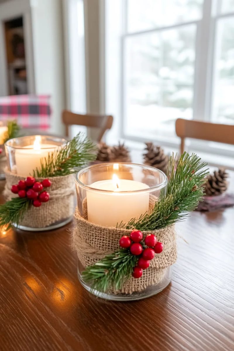 burlap-wrapped candle holders with mini pine sprigs and twine 1