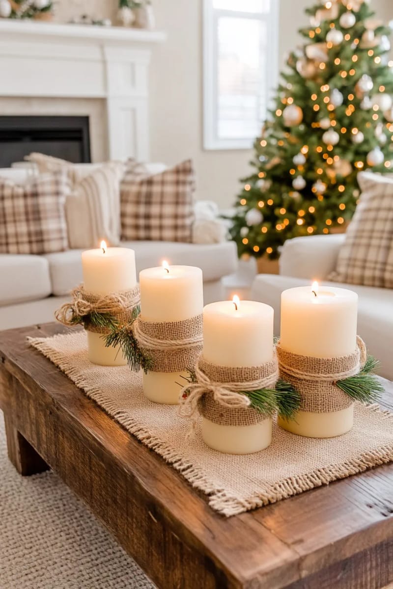burlap-wrapped candle holders with mini pine sprigs and twine 1