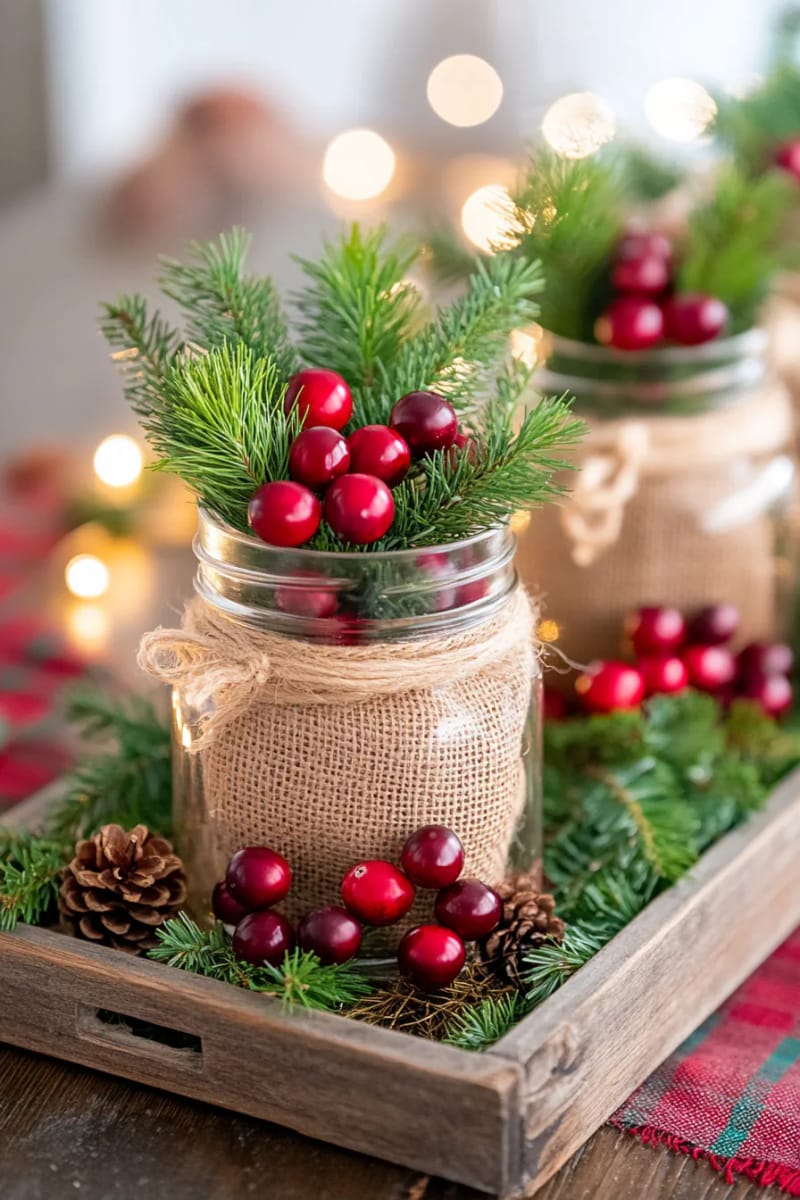 burlap-wrapped mason jars filled with pine branches and cranberries 1