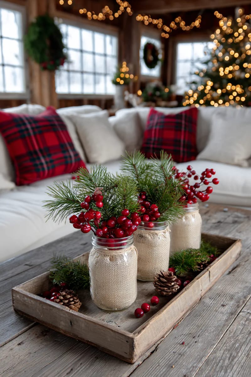 burlap-wrapped mason jars filled with pine branches and cranberries 1