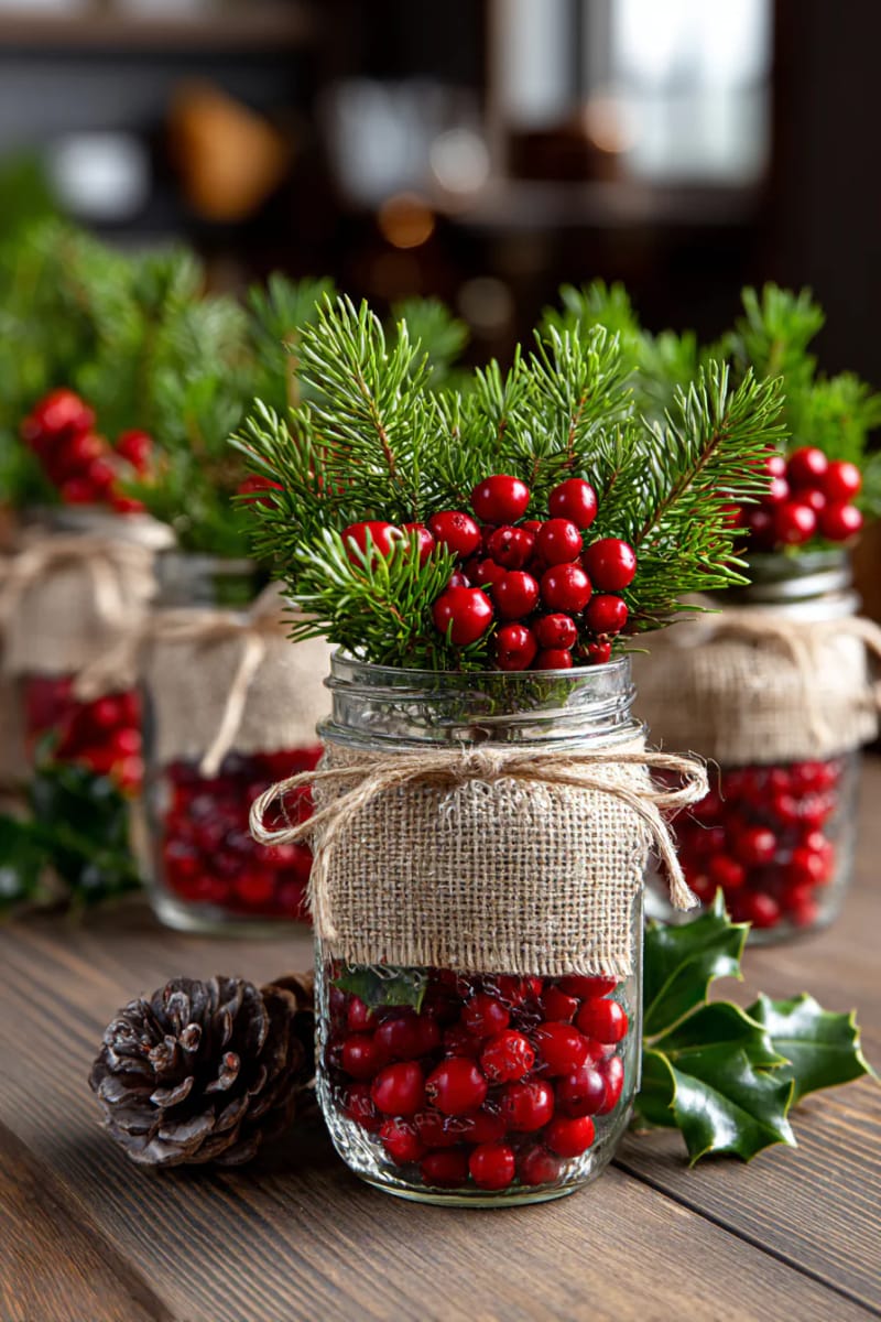 burlap-wrapped mason jars filled with pine branches and cranberries 1