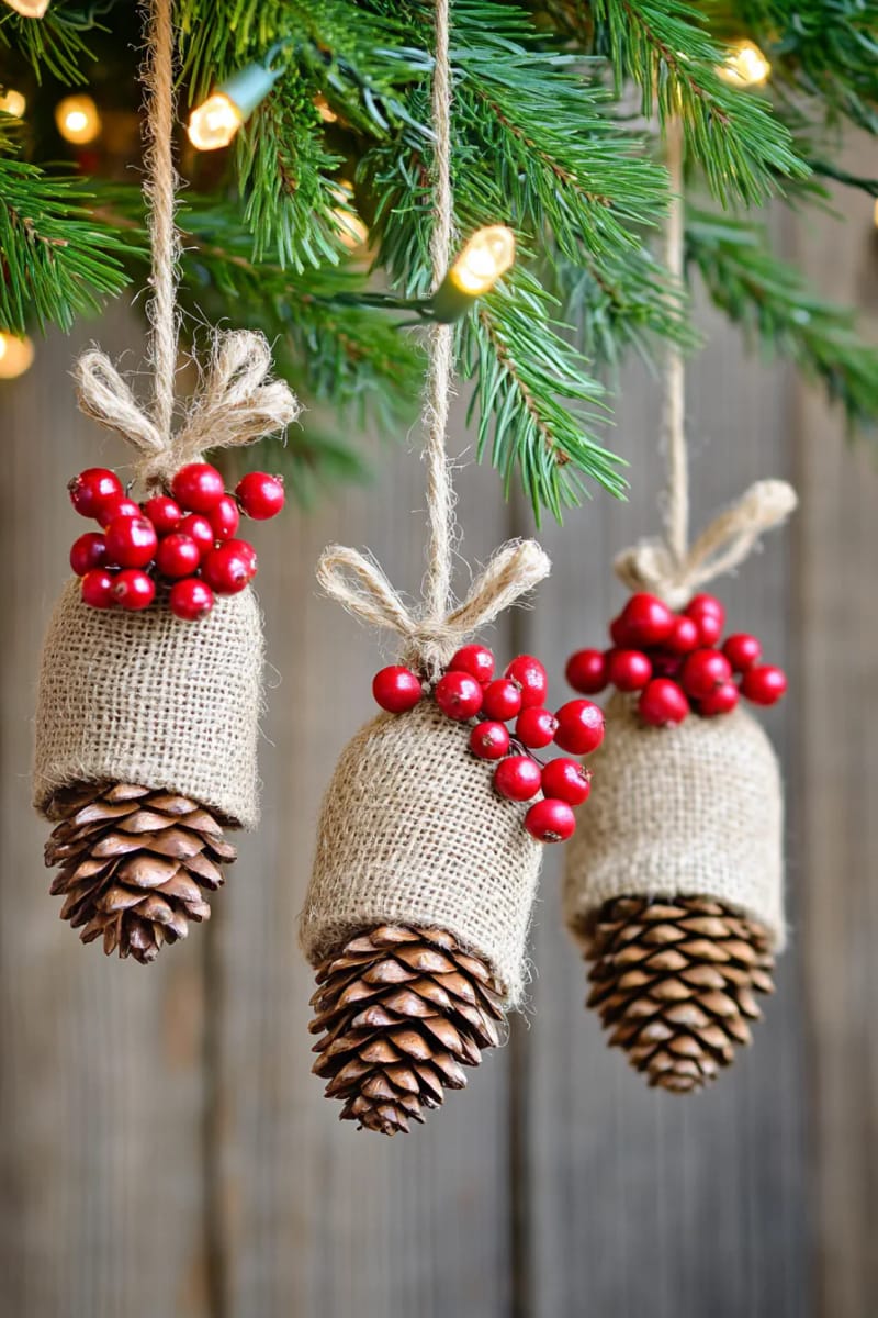 burlap-wrapped pinecone ornaments with twine bows and tiny red berries 1