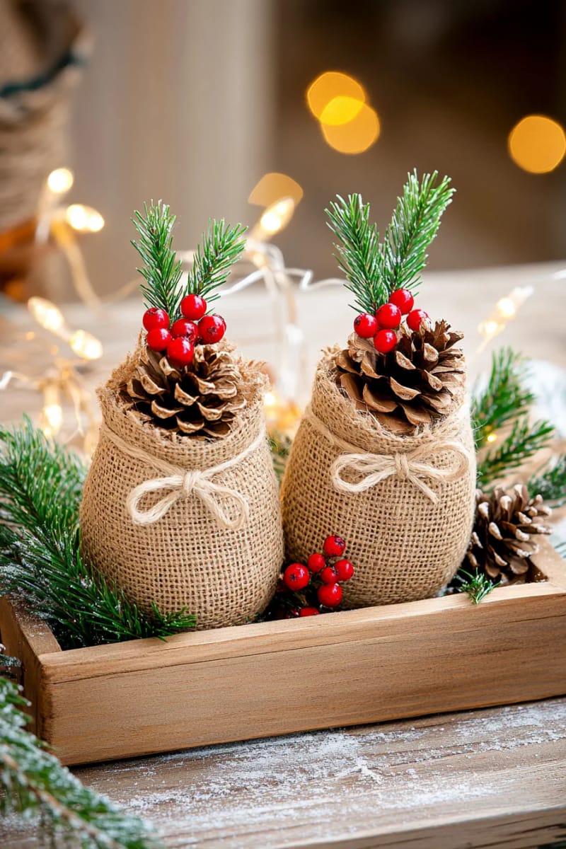 burlap-wrapped pinecone ornaments with twine bows and tiny red berries 1