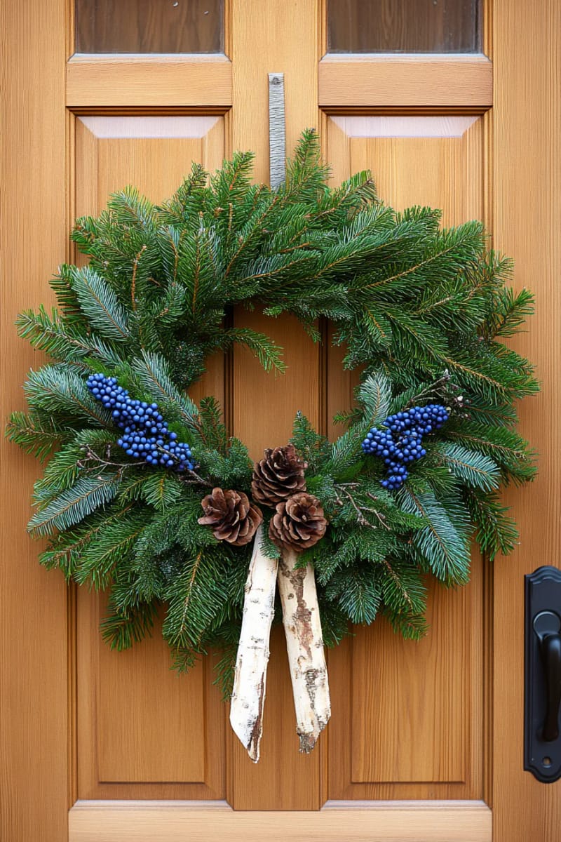 cascading cedar wreath with wild juniper sprigs and birch ribbon accent 1