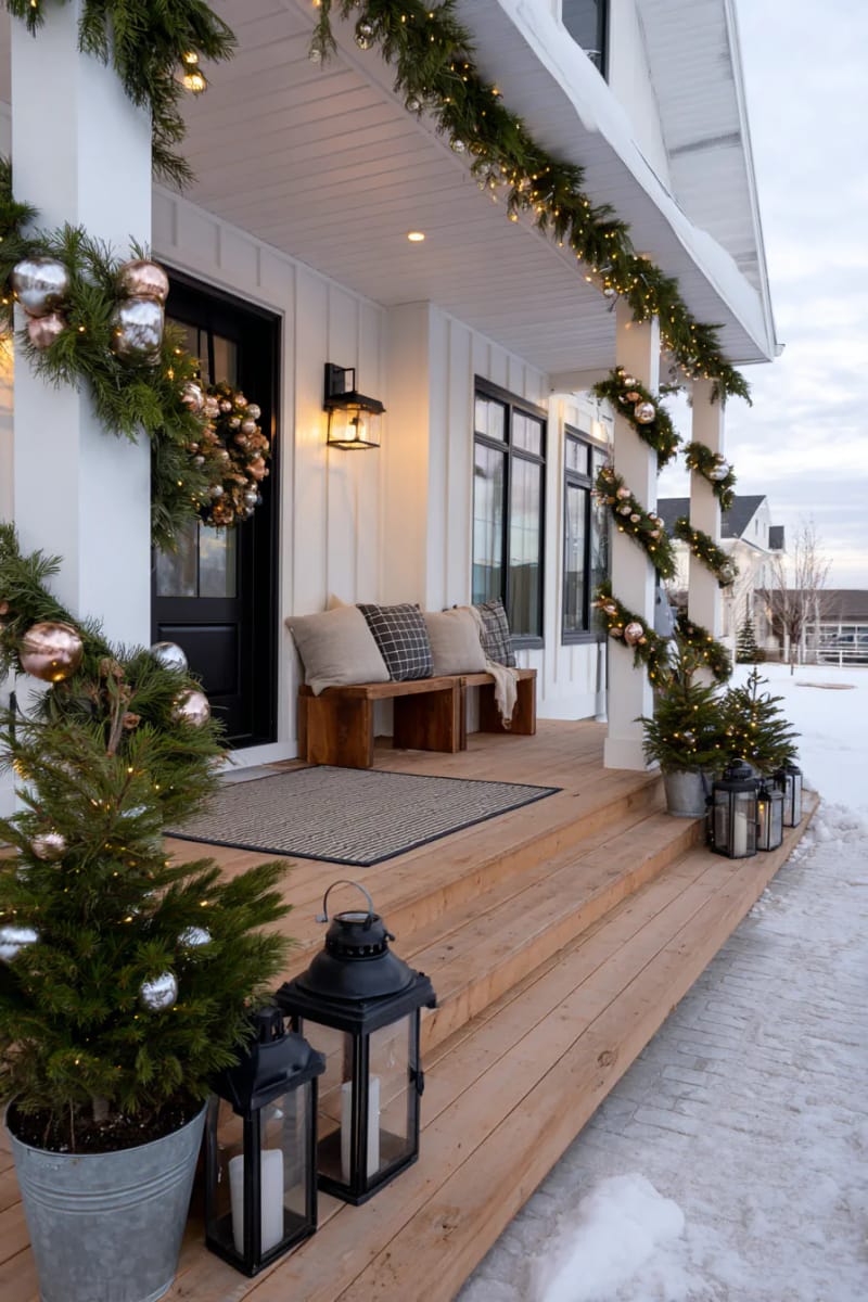 15 Cozy Modern Farmhouse Christmas Ideas For Front Porch 2025 22 cedar garland wrapped around columns, twinkling fairy lights, and metallic ornaments 1