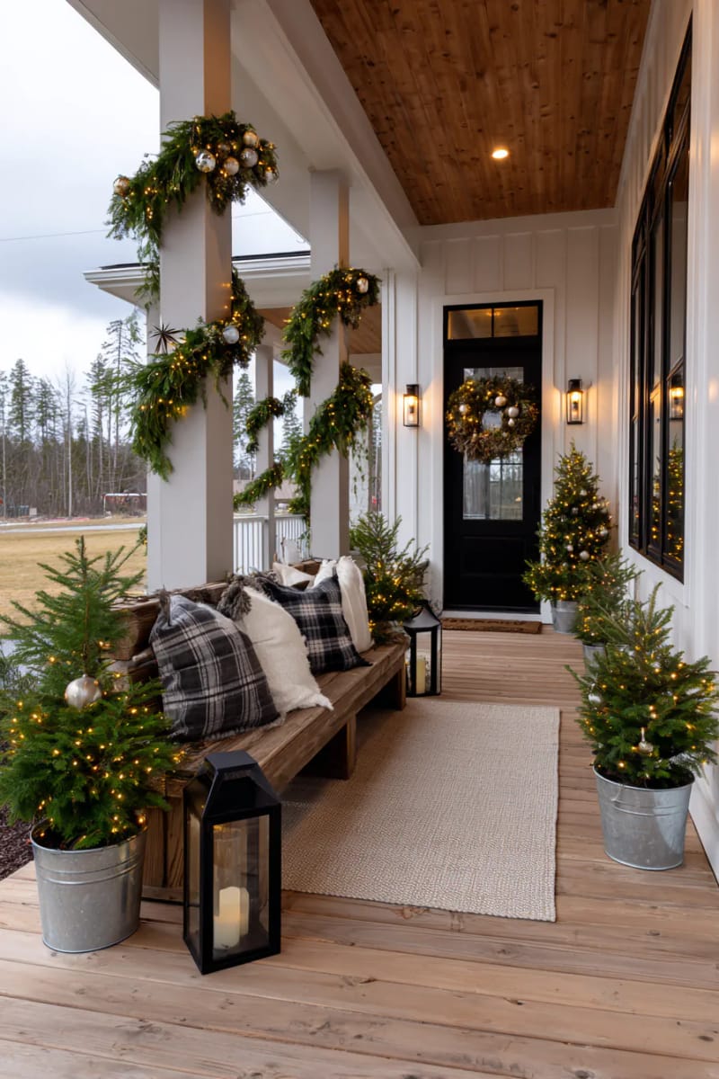 15 Cozy Modern Farmhouse Christmas Ideas For Front Porch 2025 23 cedar garland wrapped around columns, twinkling fairy lights, and metallic ornaments 1