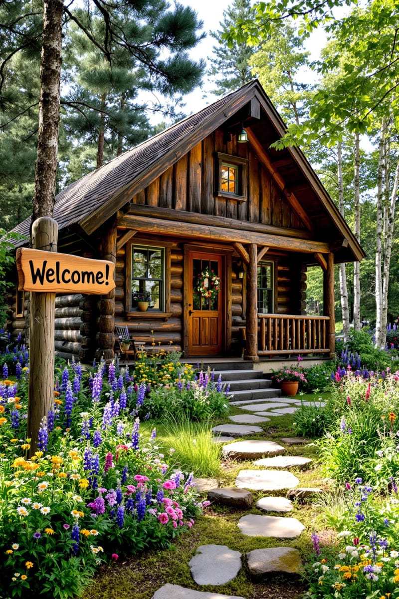 charming rustic cabin with wildflower gardens and hand-carved wooden signpost 28