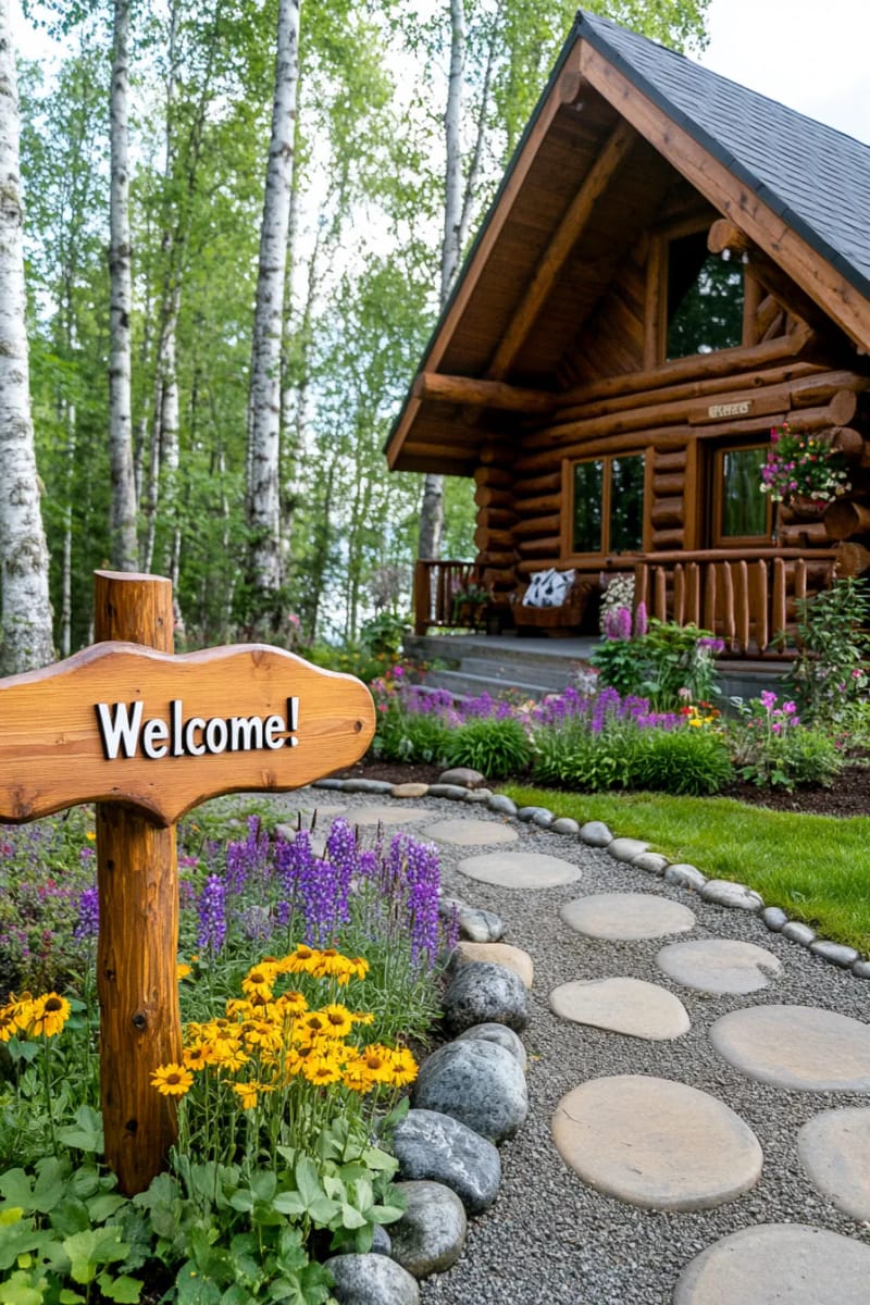 15 Fabulous Log Cabin Home Exterior Ideas You'll Love! 30 charming rustic cabin with wildflower gardens and hand-carved wooden signpost 1