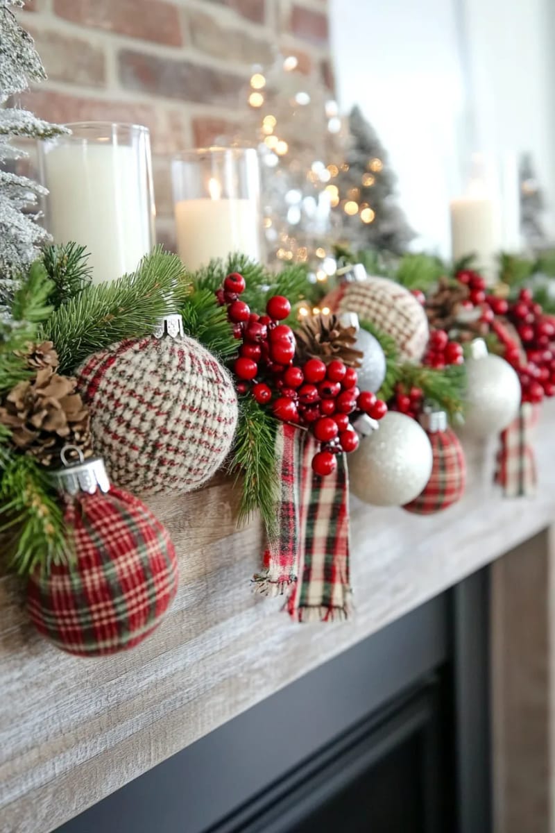 chunky garland with tartan plaid wool balls and jingle bells 1
