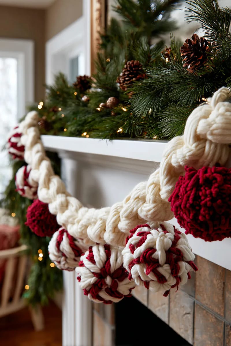 chunky wool garland with peppermint swirl and red pom-pom accents 1