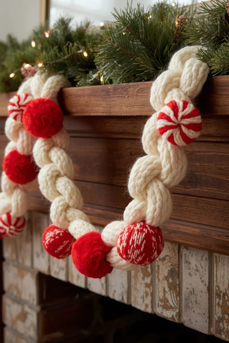 chunky wool garland with peppermint swirl and red pom-pom accents 1