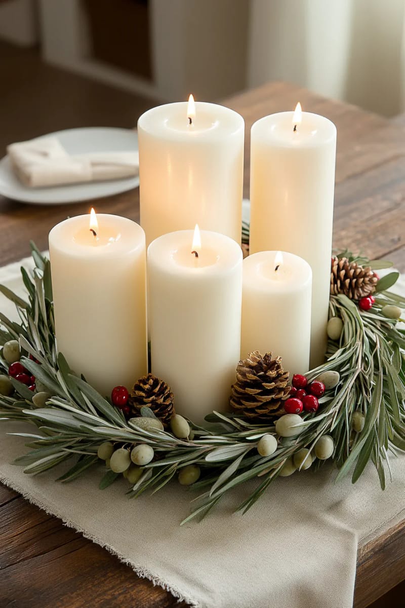 circular wreath of olive branches, pine, and white unscented candles 1