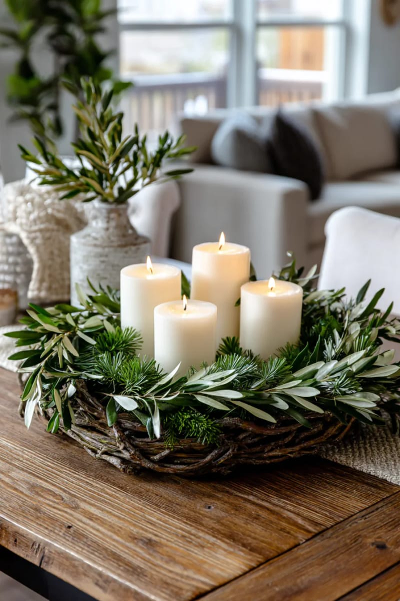 circular wreath of olive branches, pine, and white unscented candles 1