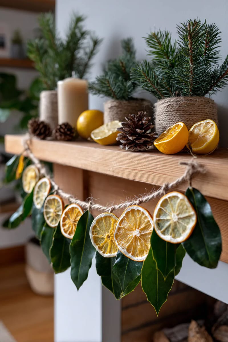 21 Creative Eco-Friendly Christmas Food Decor Guests Will Love! 5 citrus slice garland strung with hemp twine and interspersed with bay leaves 1
