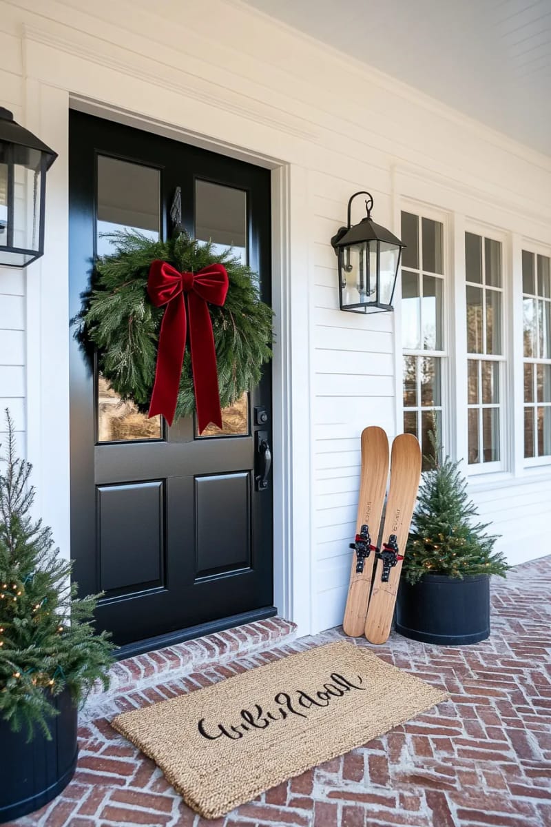 15 Cozy Modern Farmhouse Christmas Ideas For Front Porch 2025 13 classic boxwood wreath with oversized velvet bow on matte black front door 1