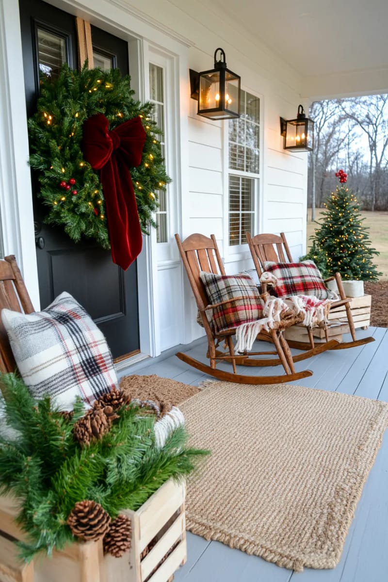 15 Cozy Modern Farmhouse Christmas Ideas For Front Porch 2025 14 classic boxwood wreath with oversized velvet bow on matte black front door 1