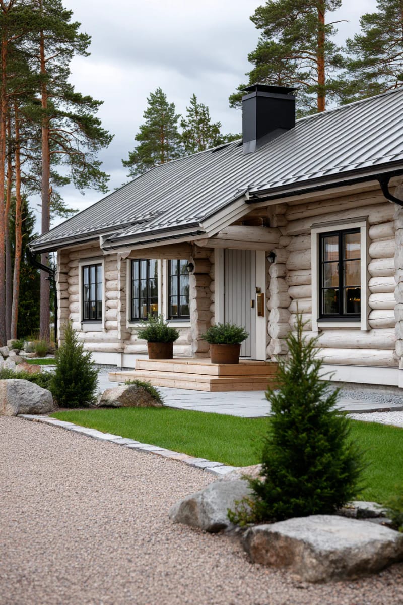 15 Fabulous Log Cabin Home Exterior Ideas You'll Love! 26 classic scandinavian-style log cabin with whitewashed exterior and minimalist lines 1