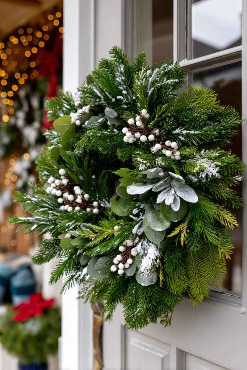 classic winter wreath featuring frosted eucalyptus and snowy white berries 1