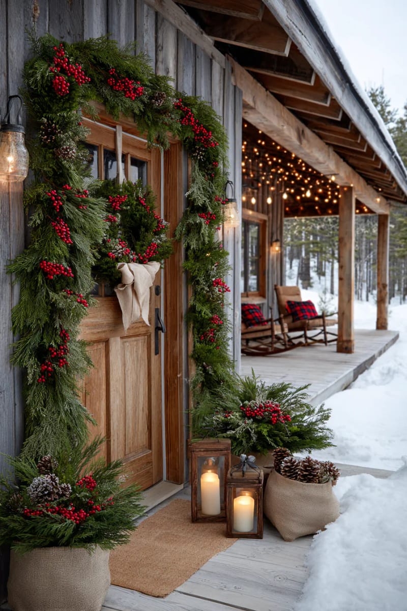 classic wreath made from wild greenery, red berries, and natural burlap bow 1