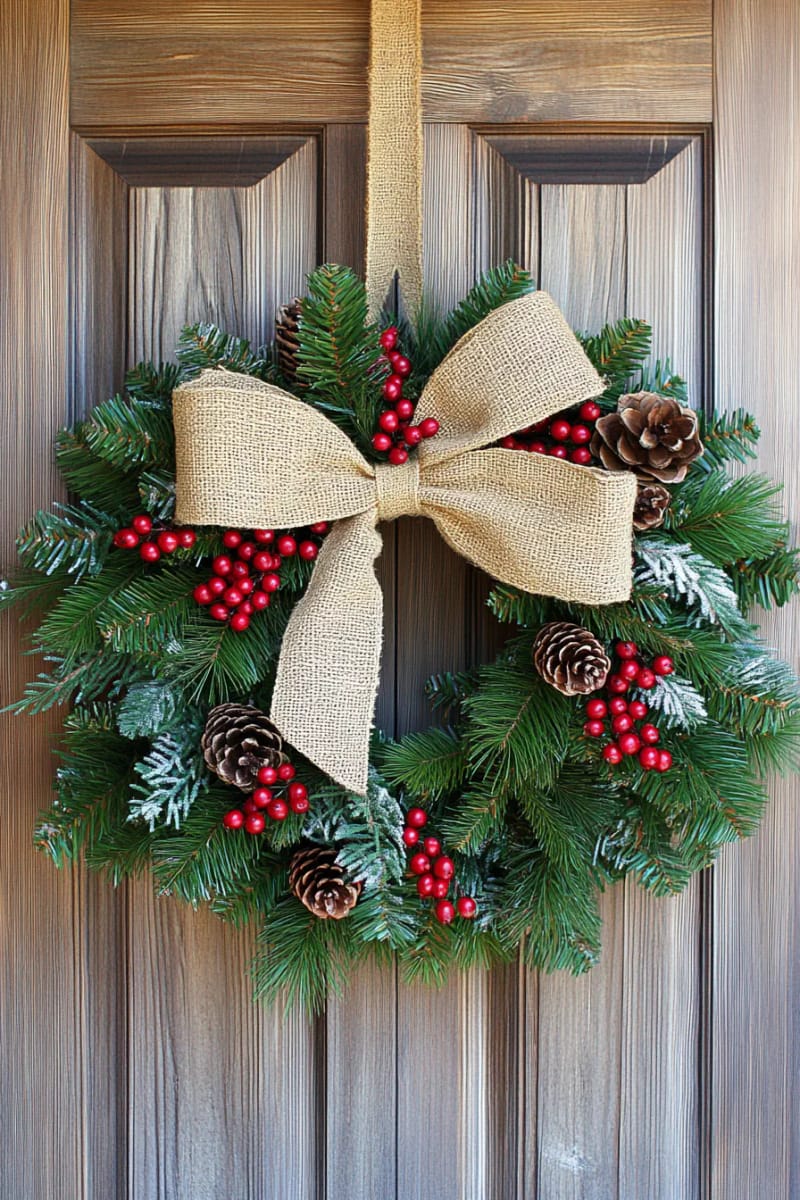 classic wreath made from wild greenery, red berries, and natural burlap bow 1