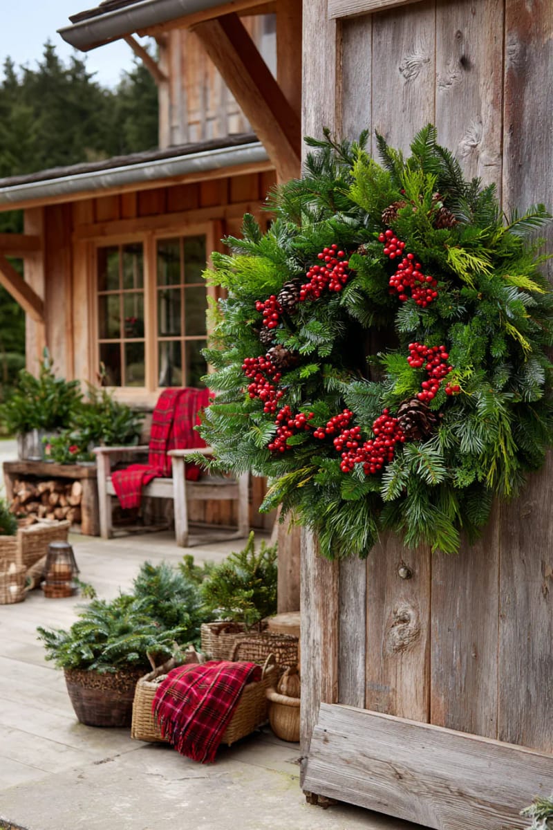 classic wreath made from wild greenery, red berries, and natural burlap bow 1