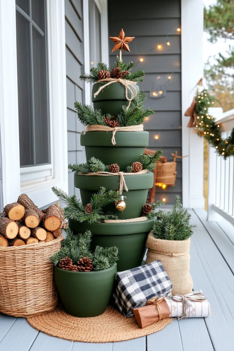 clay pots painted green, stacked to mimic a christmas tree, topped with star anise 1