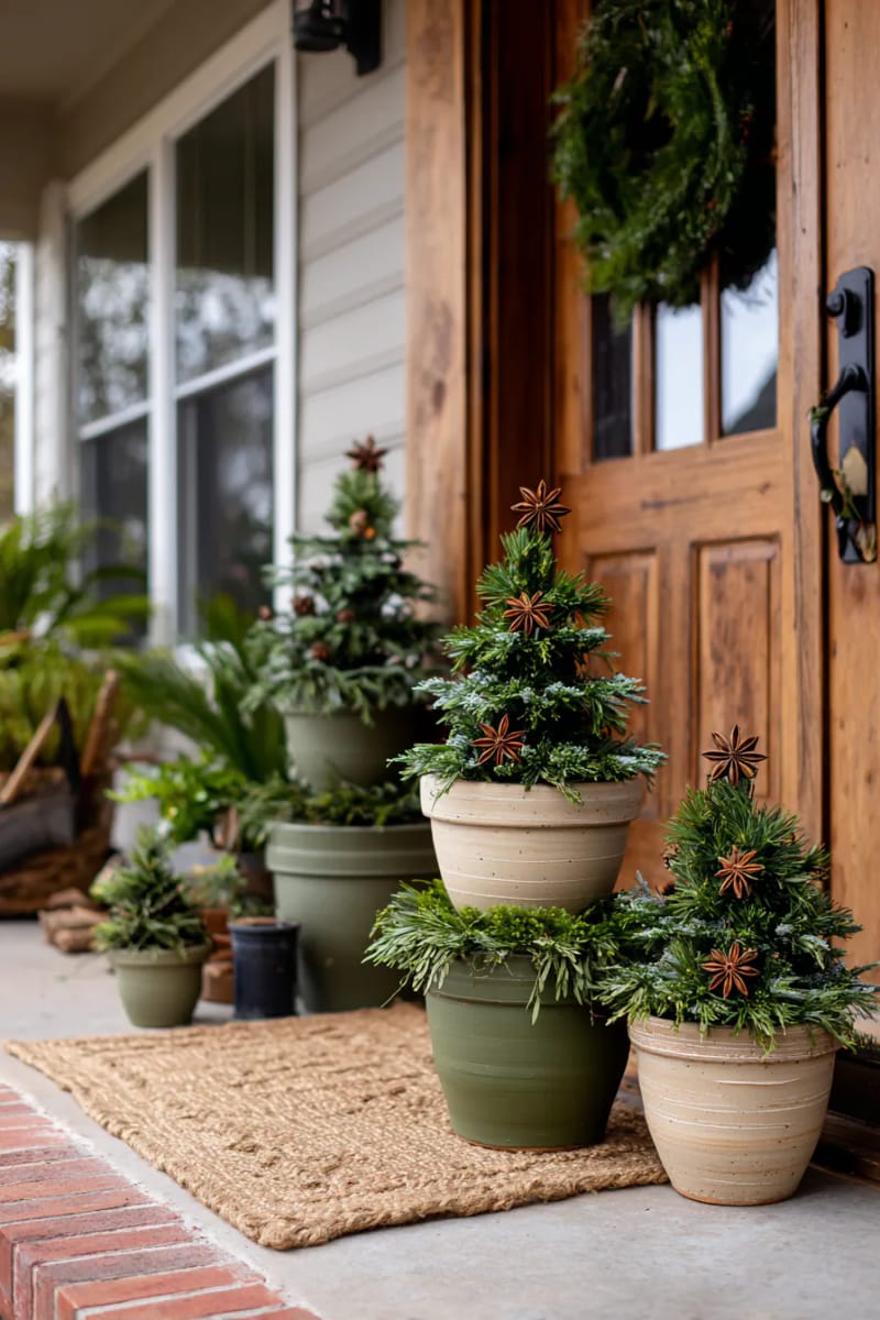 clay pots painted green, stacked to mimic a christmas tree, topped with star anise 1