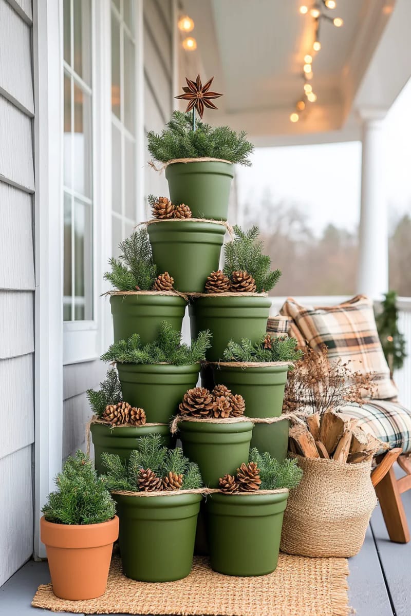 clay pots painted green, stacked to mimic a christmas tree, topped with star anise 1