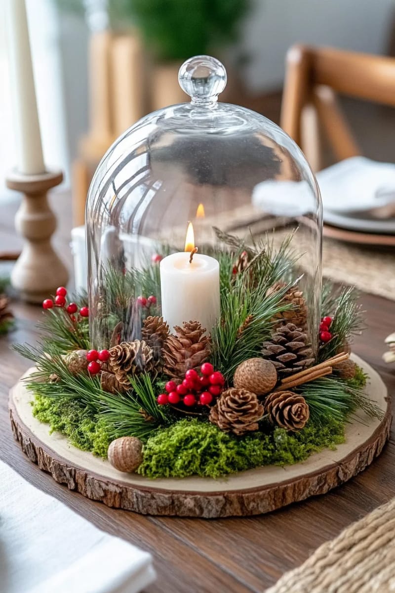 cloche dome covering a mini pine forest scene with acorns and moss 1