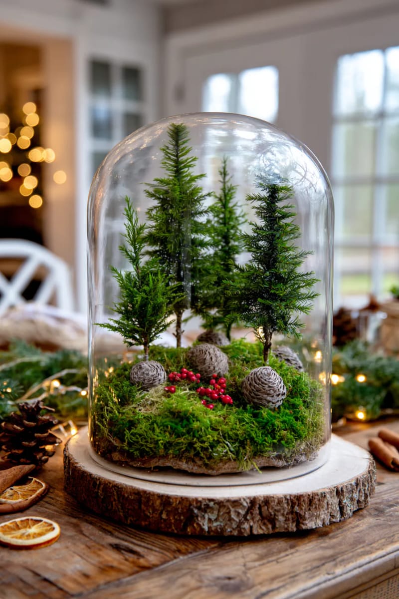 cloche dome covering a mini pine forest scene with acorns and moss 1