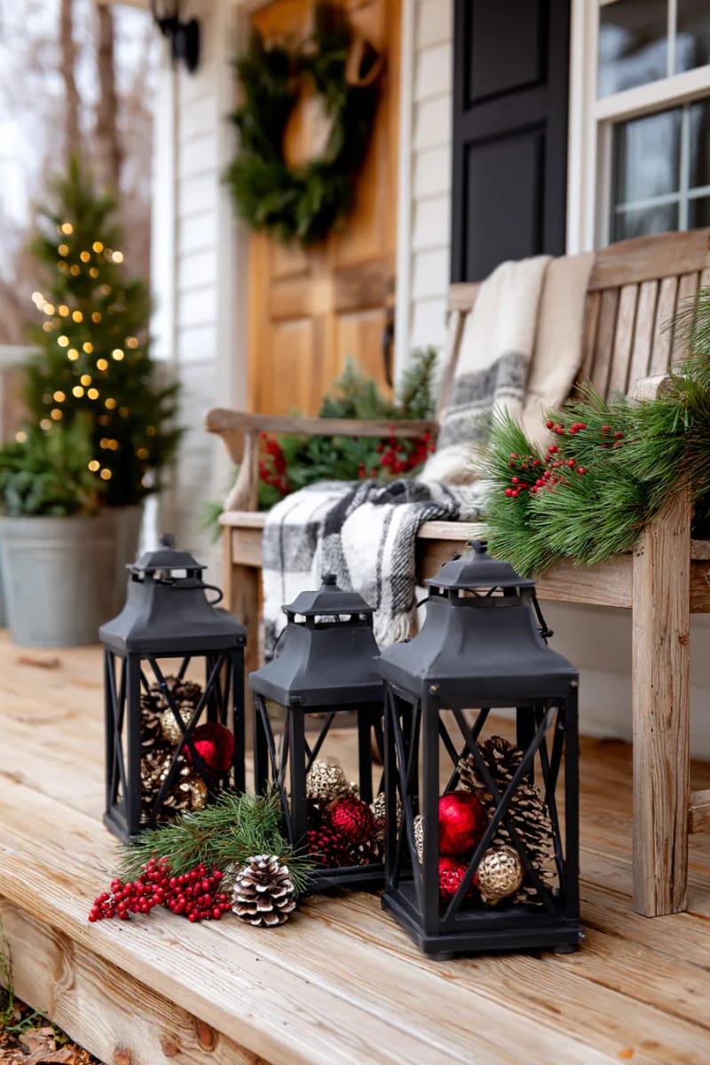 15 Cozy Modern Farmhouse Christmas Ideas For Front Porch 2025 30 cluster of black lanterns at varying heights filled with pinecones and ornaments 1