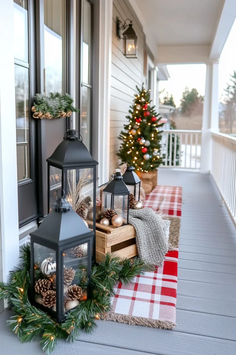 15 Cozy Modern Farmhouse Christmas Ideas For Front Porch 2025 31 cluster of black lanterns at varying heights filled with pinecones and ornaments 1