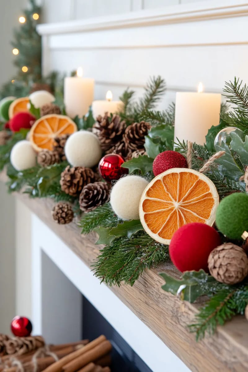 combine dried oranges and felt balls for a playful, colorful garland 1