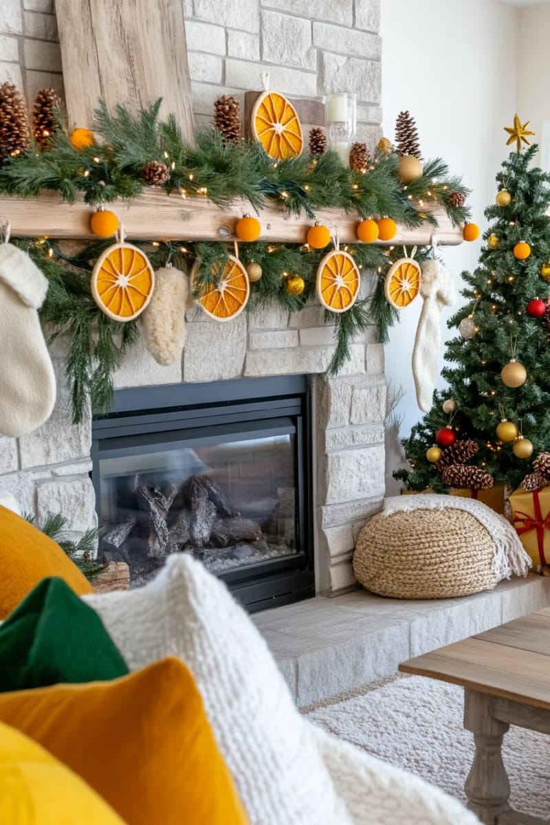 combine dried oranges and felt balls for a playful, colorful garland 1