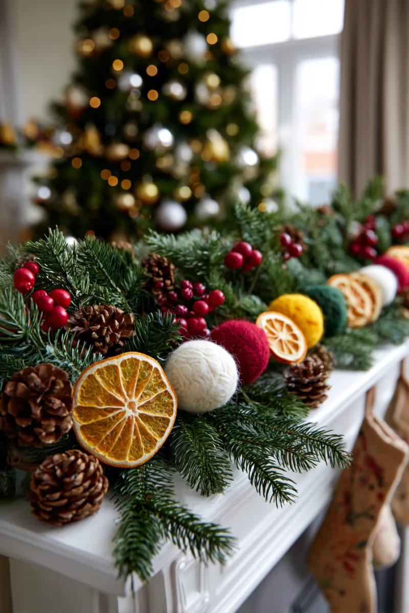 combine dried oranges and felt balls for a playful, colorful garland 1