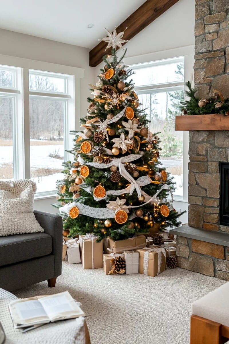 cottagecore tree decorated with dried oranges, cinnamon sticks, and lace ribbons 1