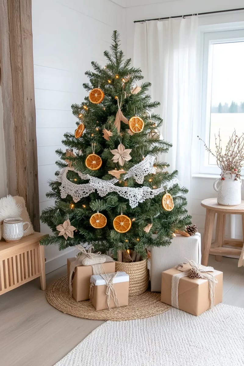 cottagecore tree decorated with dried oranges, cinnamon sticks, and lace ribbons 1