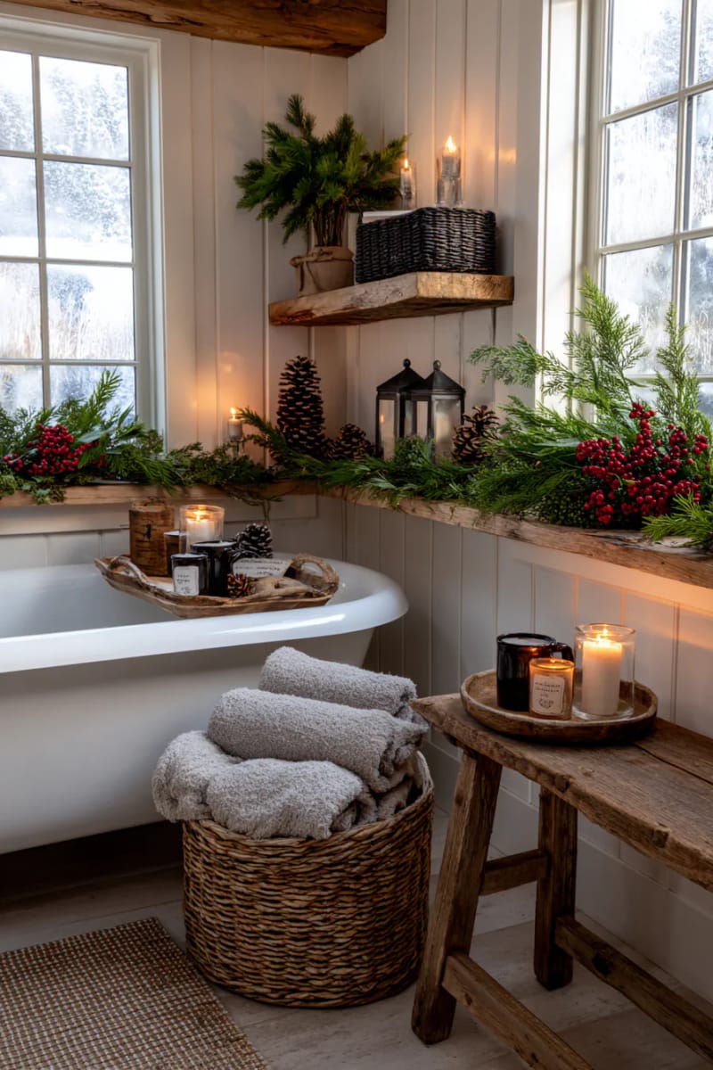cozy cottage bathroom with candlelit lanterns, pinecones, and rustic wooden accents 1