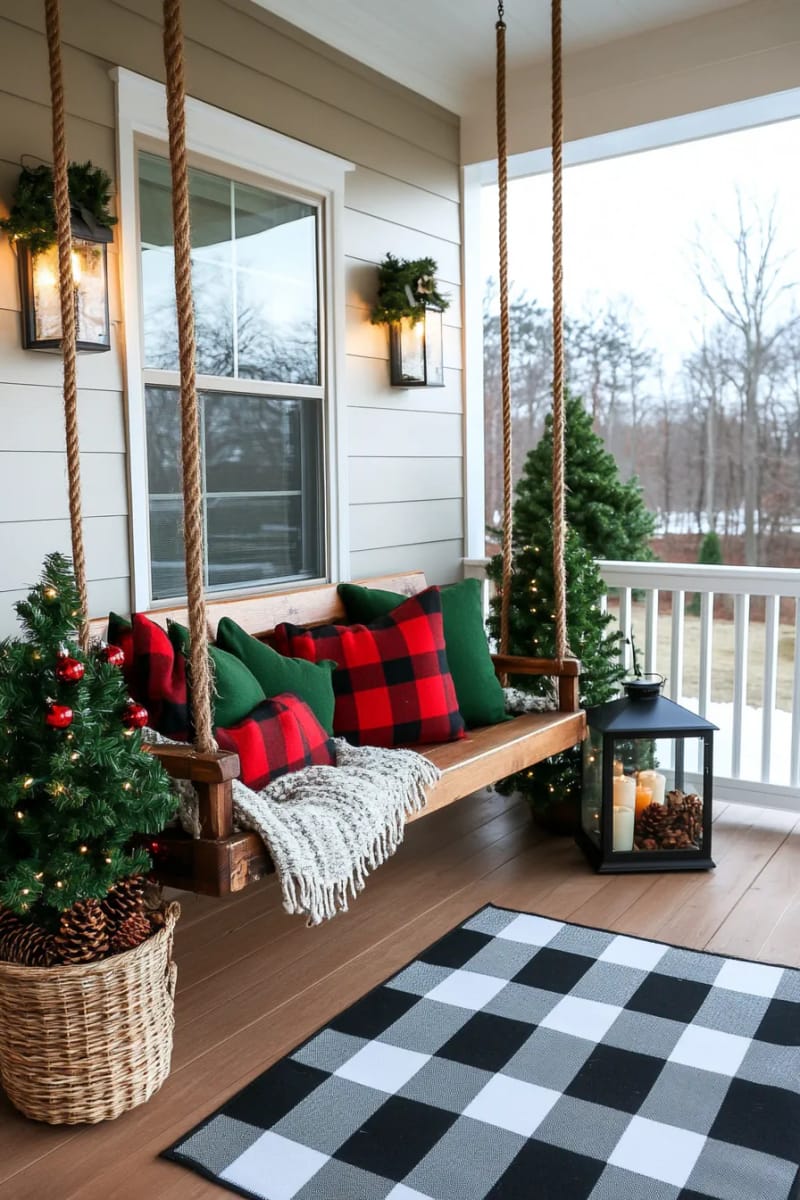 15 Simple Farmhouse Christmas Front Porch Decor Ideas 22 cozy plaid pillows and chunky throws on porch swing for a winter nook 1
